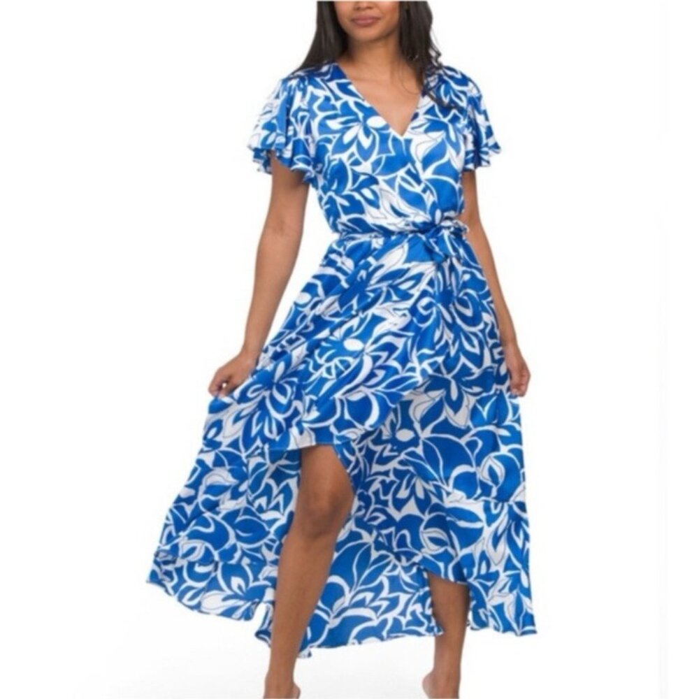 Nicole Miller Midi Dress Large Blue White Ruffle Flowy Stretch Career Church